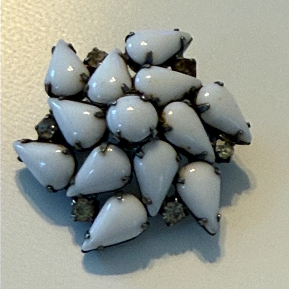 Vintage White milk glass Teardrop Rhinestone cluster Brooch pin has potential
